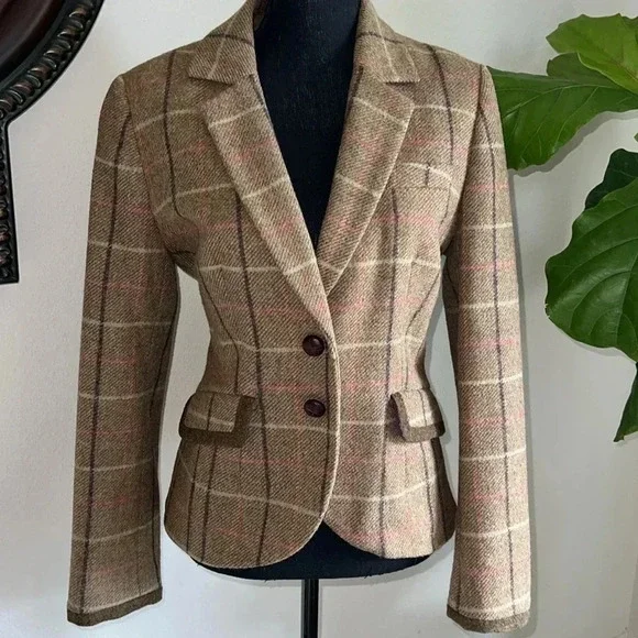 Boden Women’s 100% Wool British Tweed Tan Brown Plaid Blazer Jacket Coat Size 10 - Picture 14 of 16